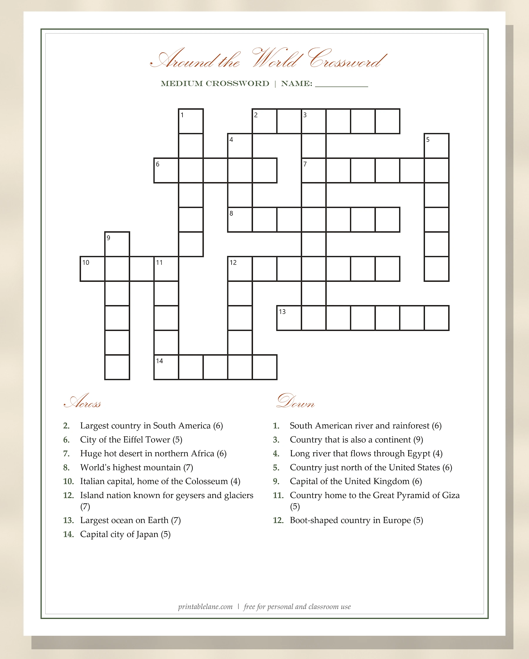 Around the world geography crossword puzzle printable