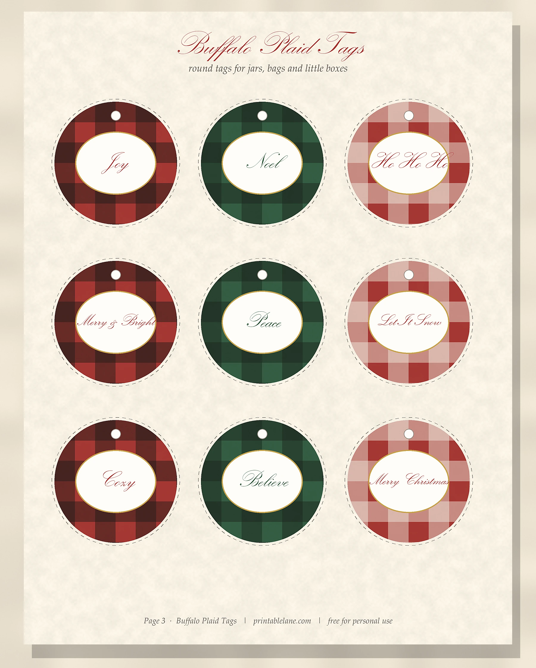 Nine printable round Christmas tags in red and green buffalo plaid