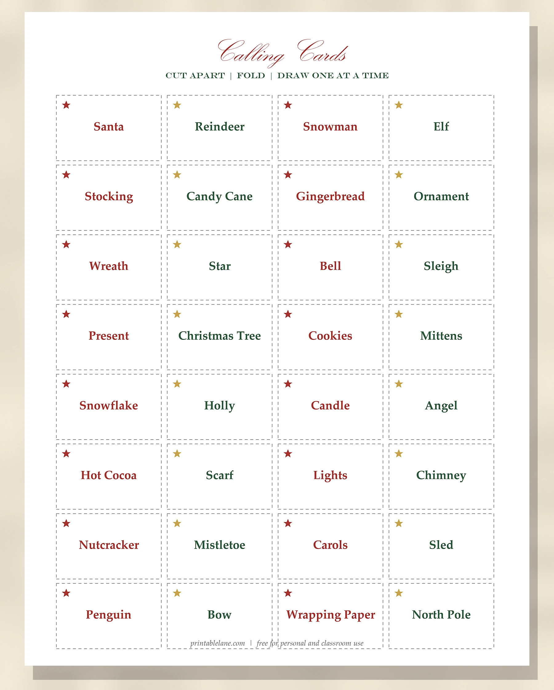 Printable Christmas bingo calling cards