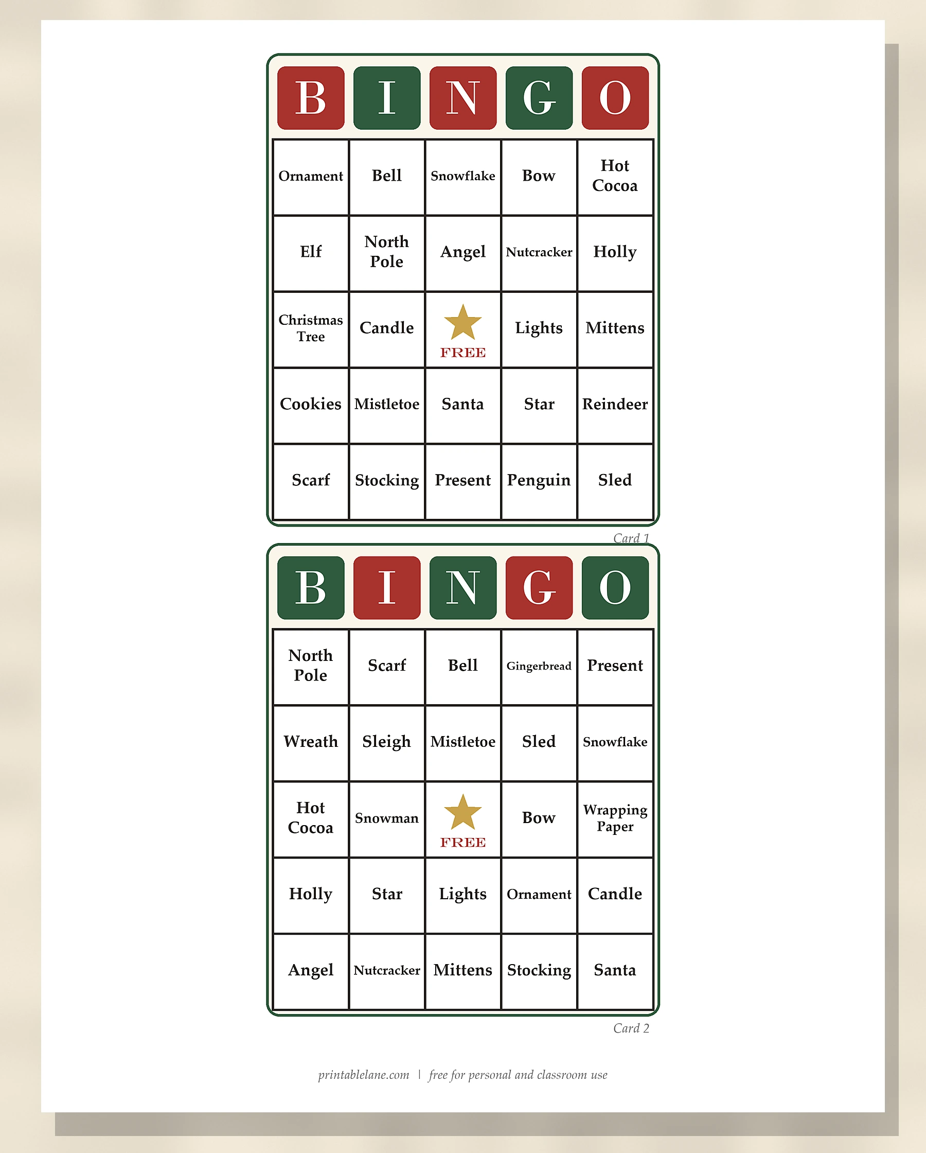 Two printable Christmas bingo cards