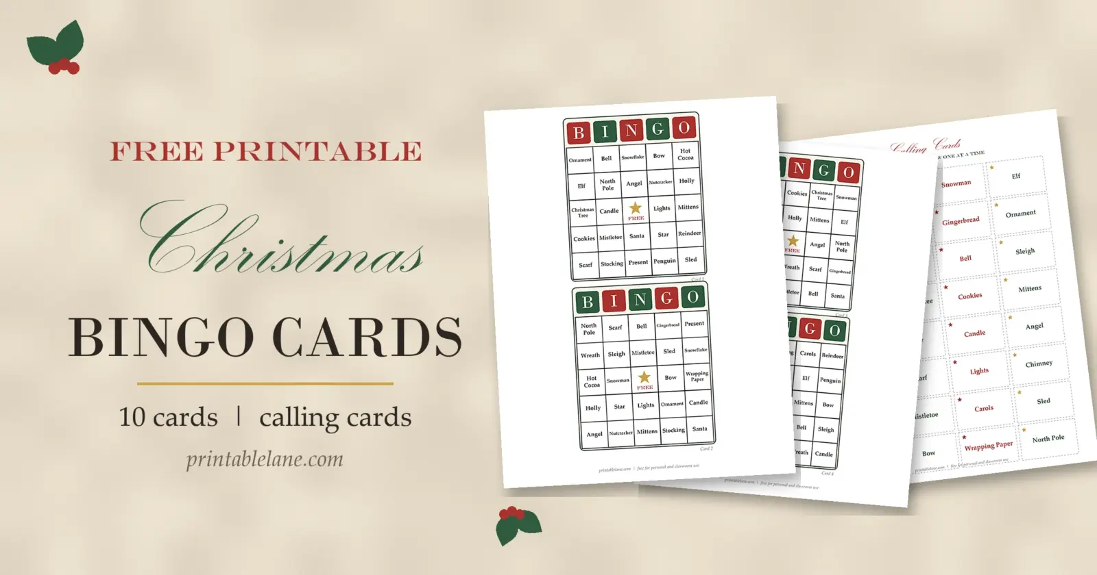 Free printable Christmas bingo cards with calling cards for family and classroom games