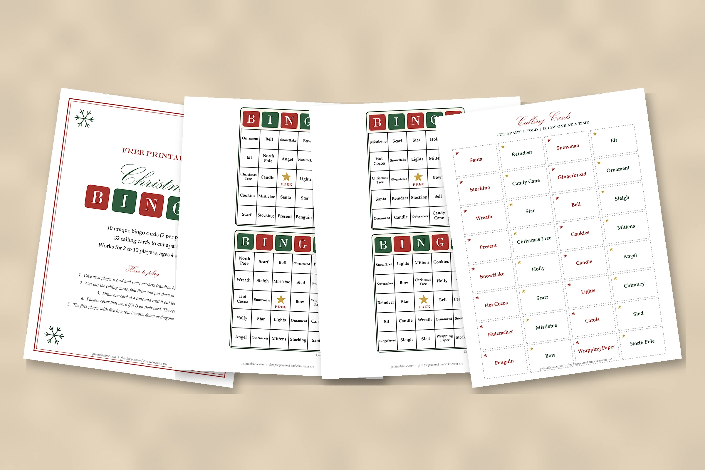 Pages of free printable Christmas bingo cards and calling cards