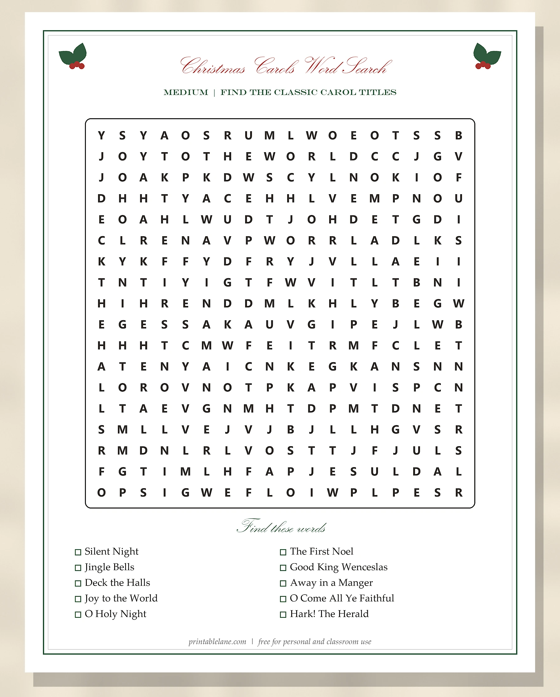 Printable Christmas carols word search