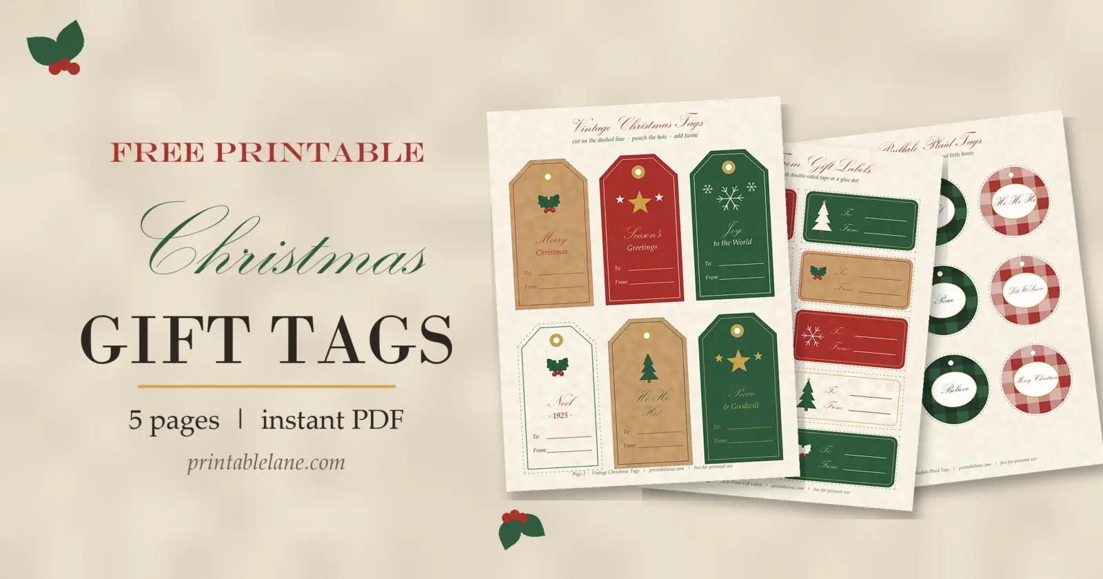 Free printable Christmas gift tags in vintage kraft, buffalo plaid and to-from label designs