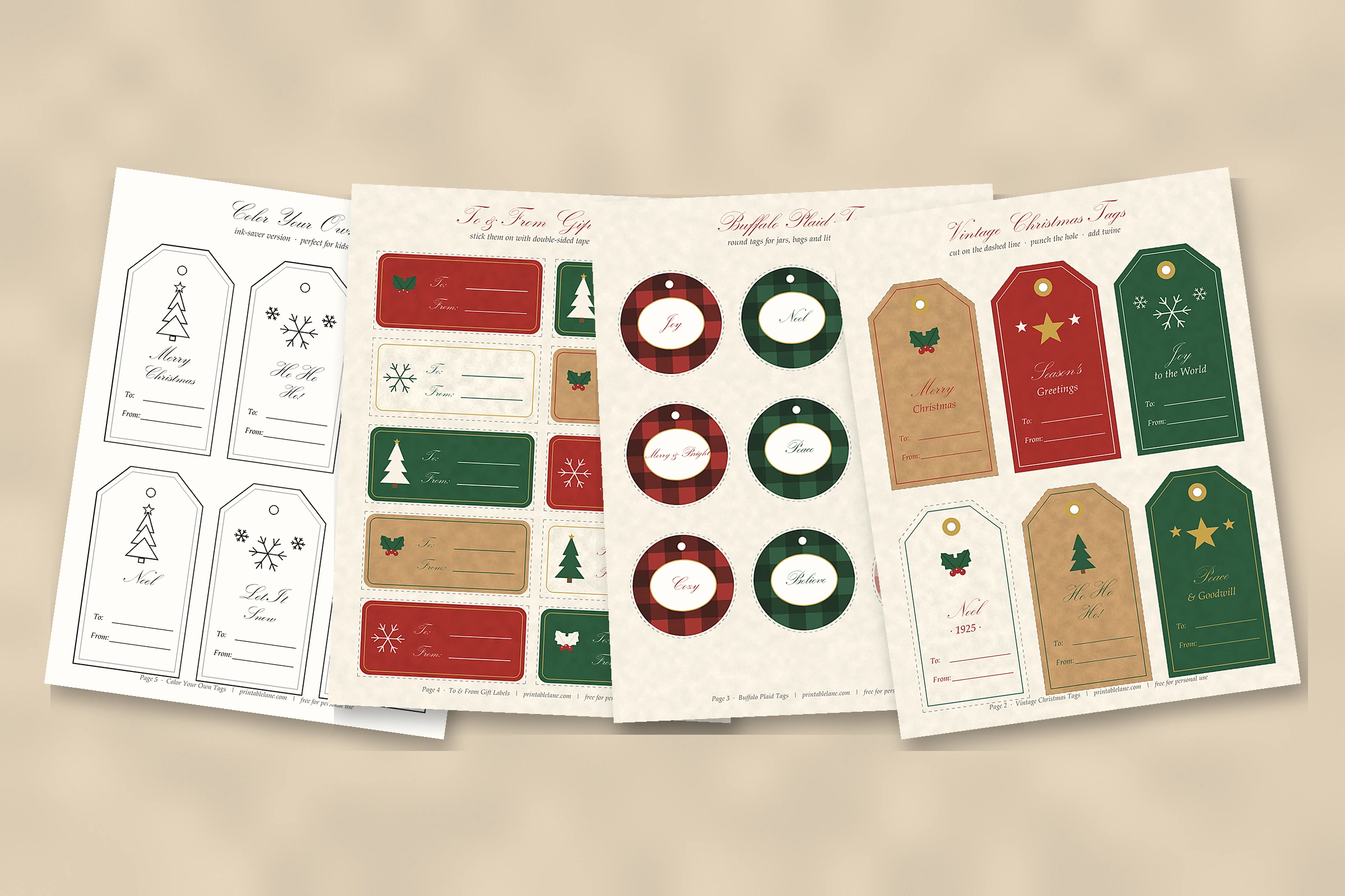 Five pages of free printable Christmas gift tags laid out on a table