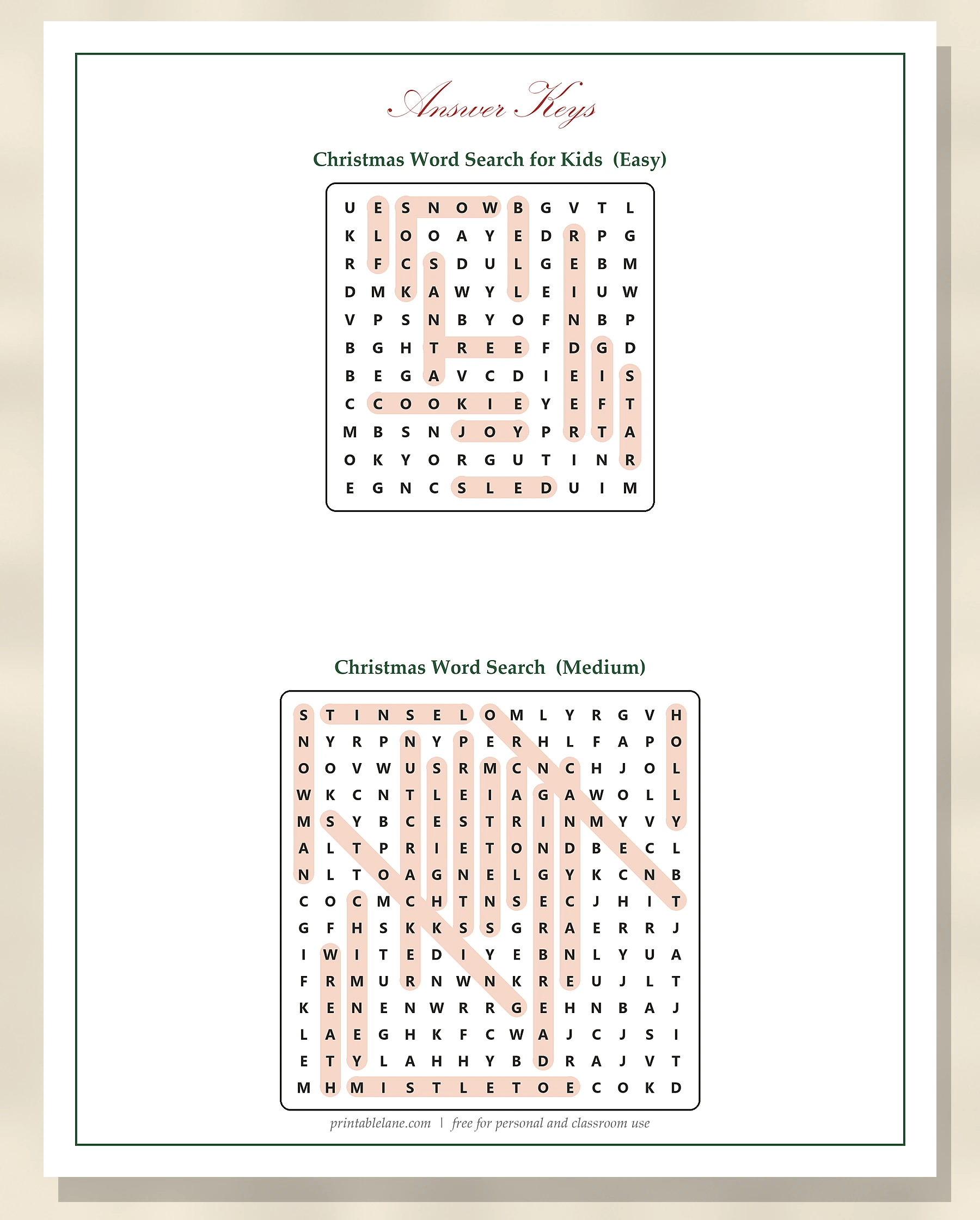 Answer keys for the printable Christmas word search puzzles