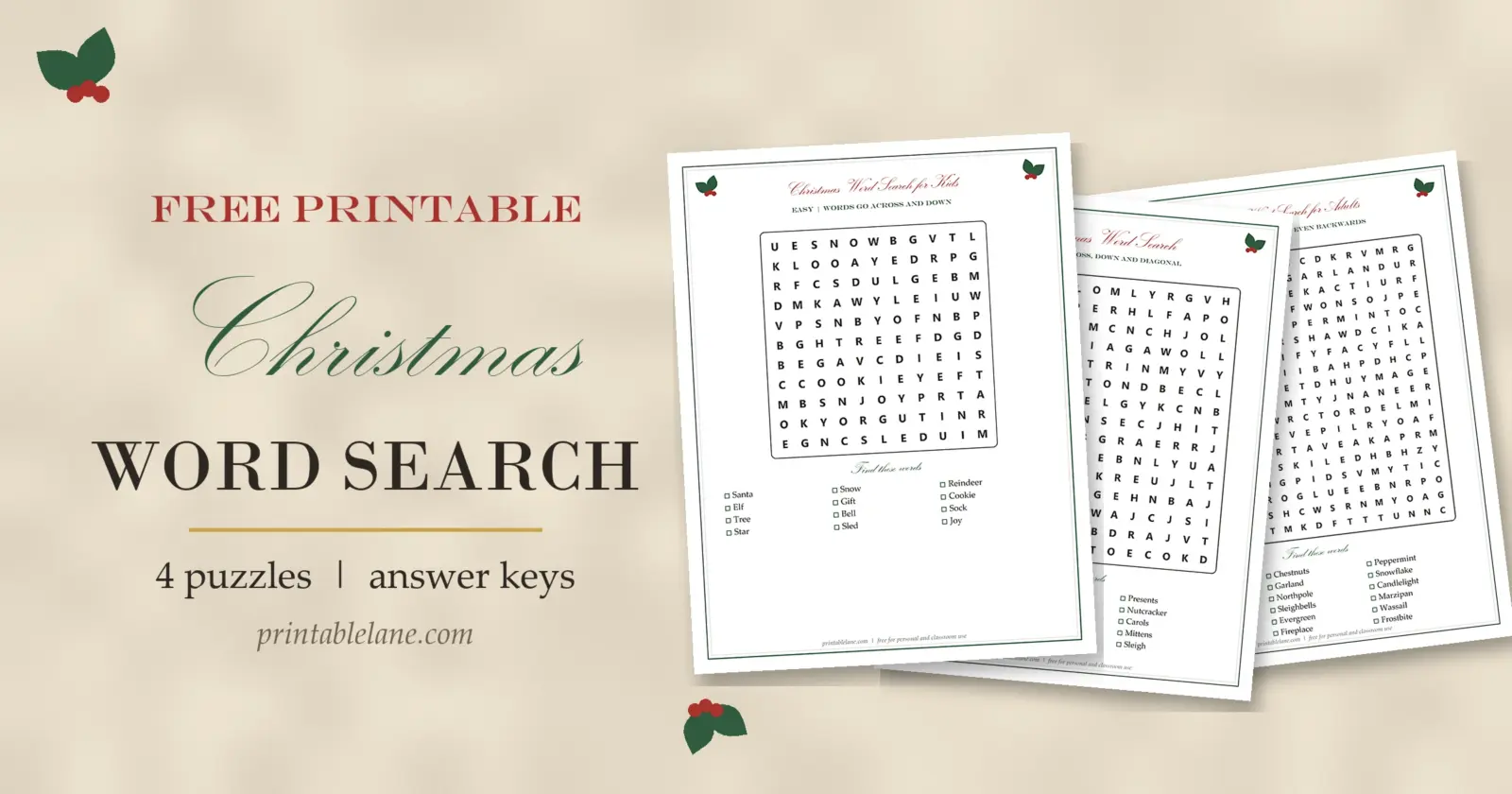 Free printable Christmas word search puzzles for kids and adults with answer keys