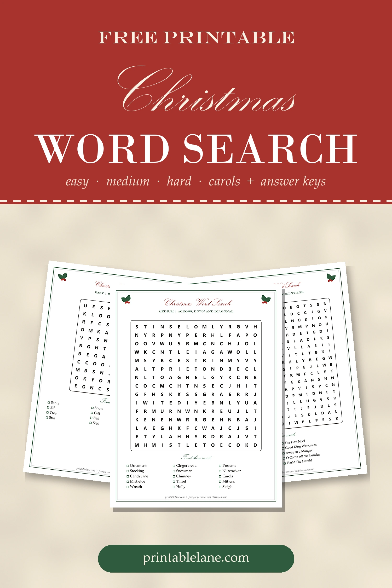 Pinterest image: free printable Christmas word search puzzles
