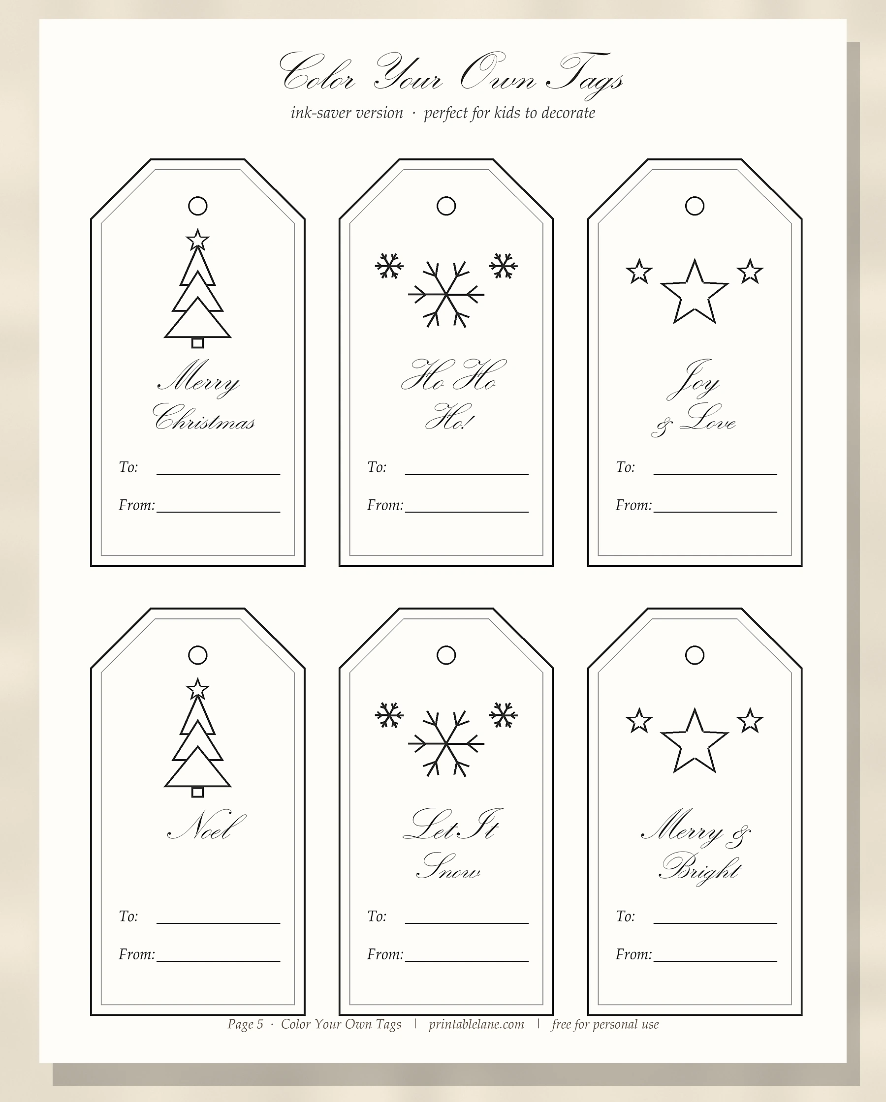 Black and white printable Christmas tags for kids to color