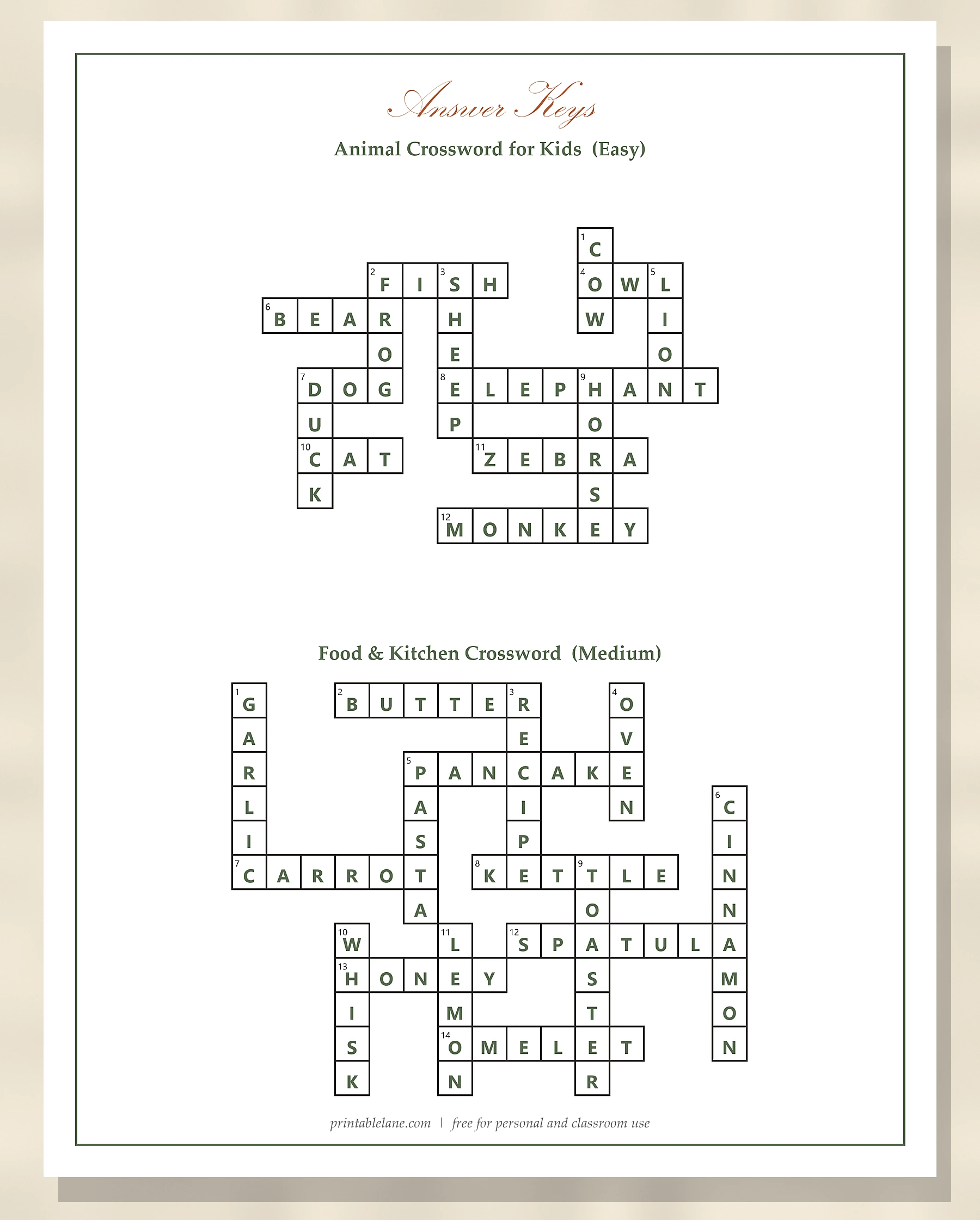 Answer keys for the printable crossword puzzles