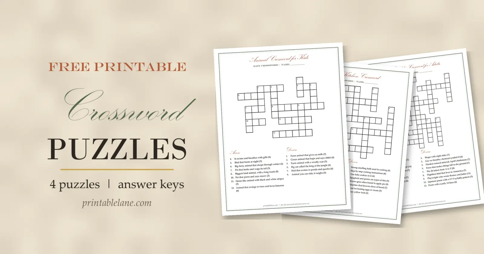 Free printable crossword puzzles: three puzzle pages fanned out next to the title