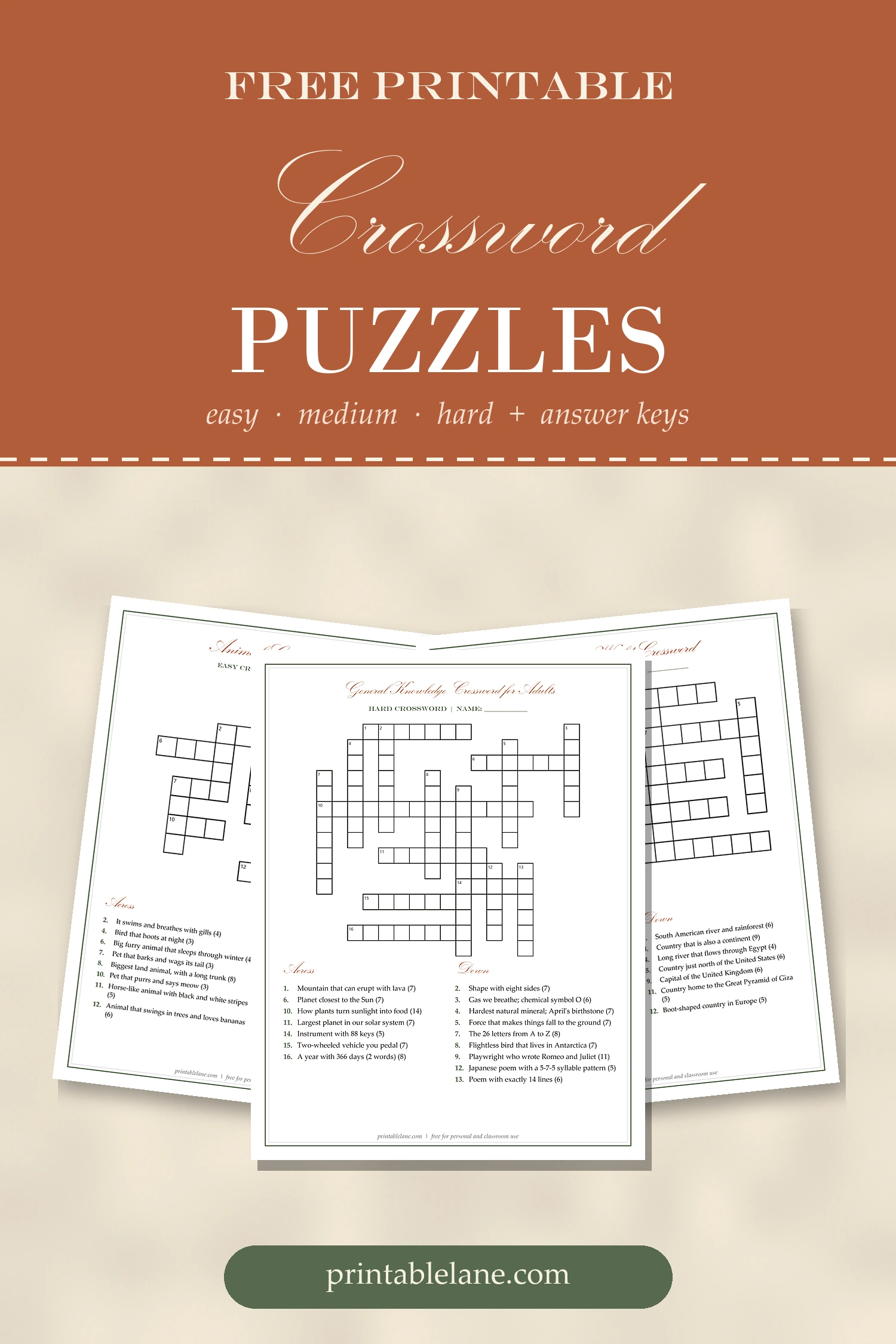 Pinterest image: free printable crossword puzzles, easy, medium and hard with answer keys