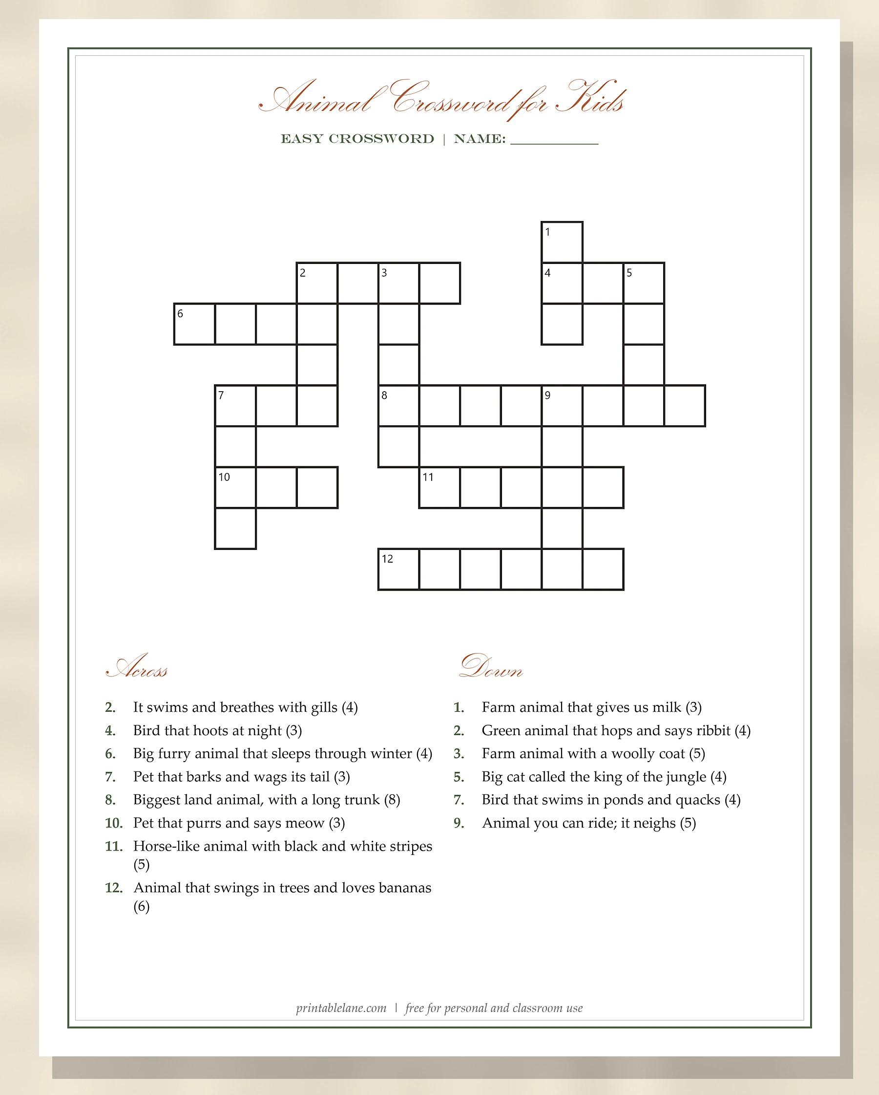 Easy animal crossword puzzle for kids with across and down clues