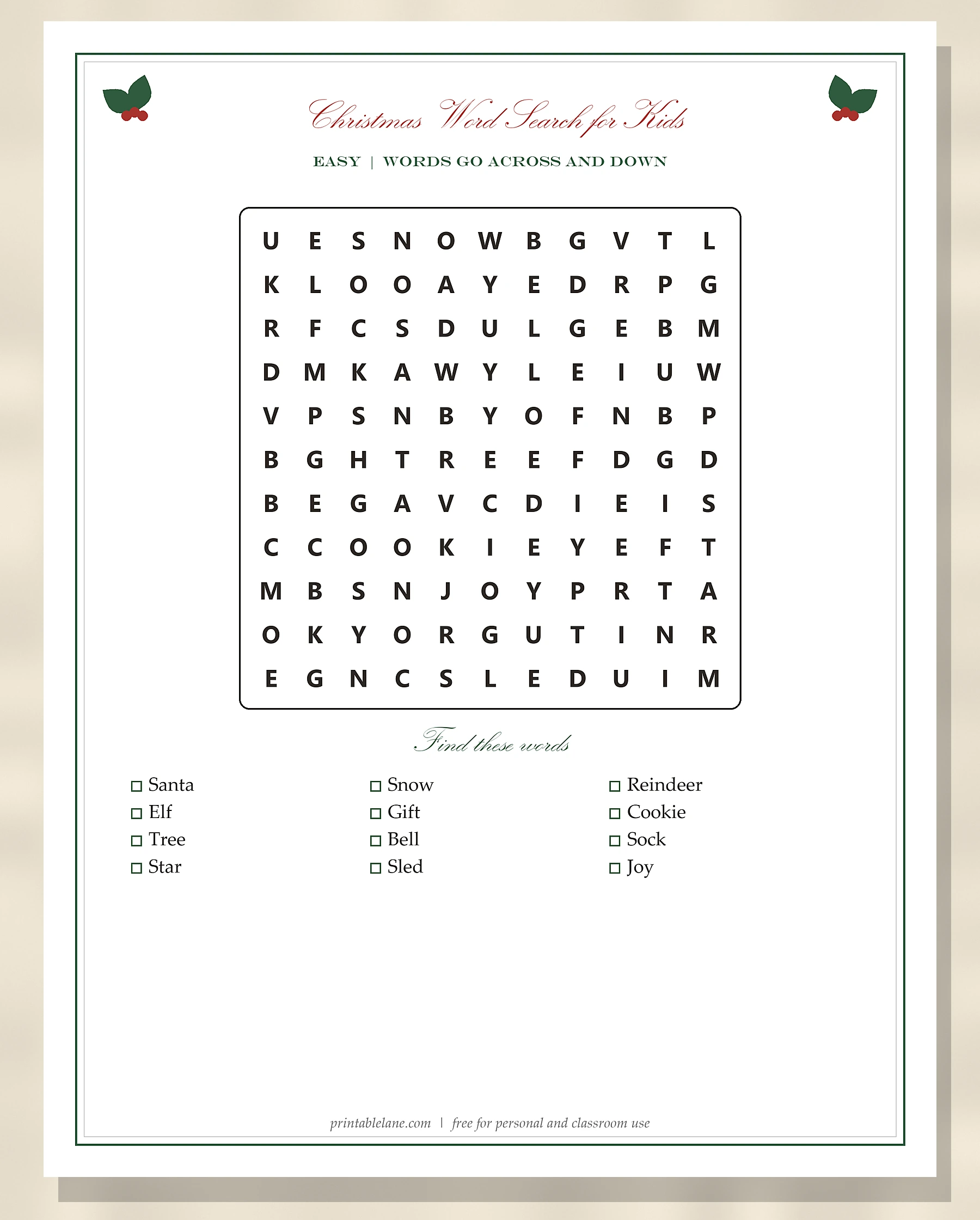 Easy printable Christmas word search for kids