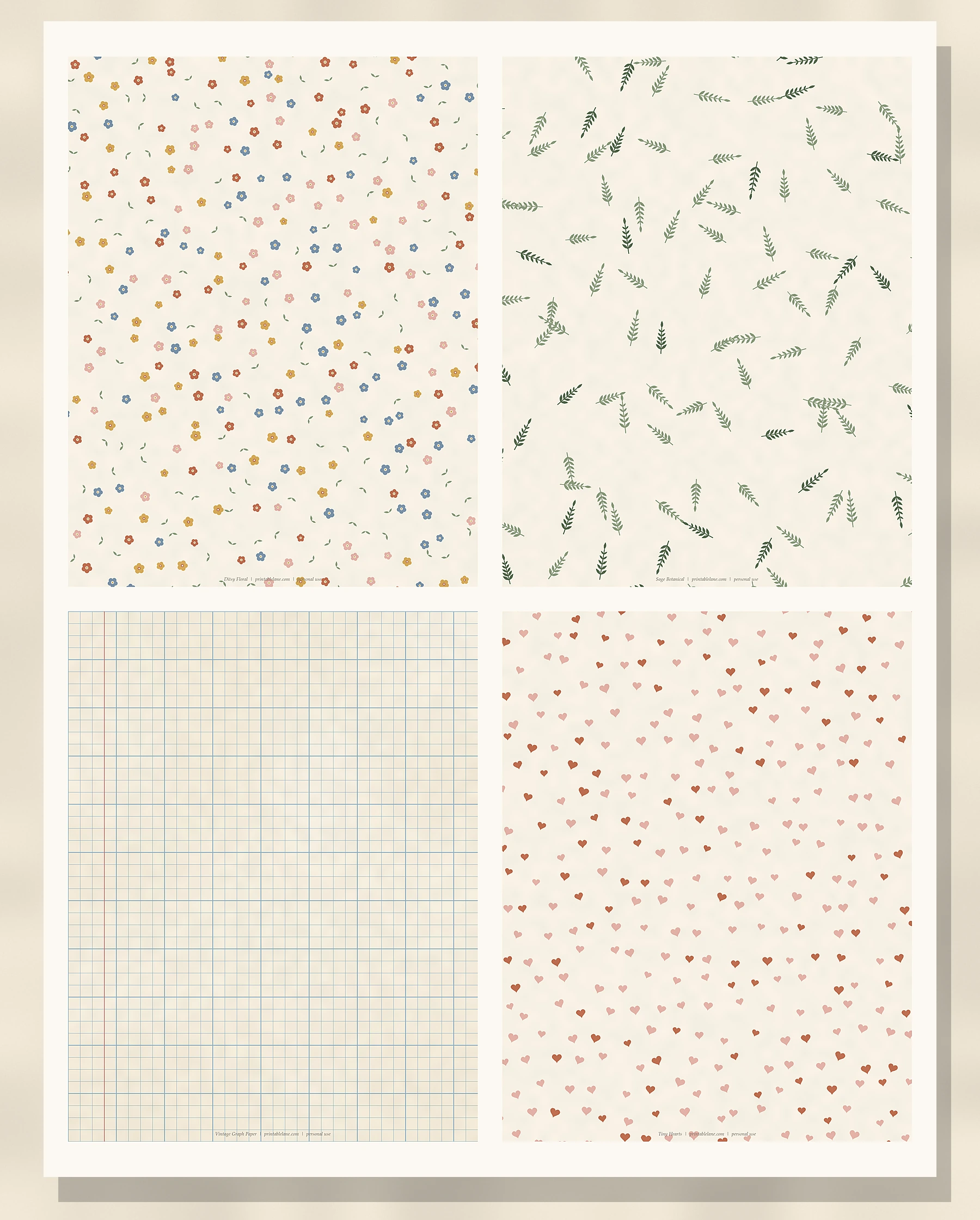 Ditsy floral, sage botanical, vintage graph and tiny hearts scrapbook paper