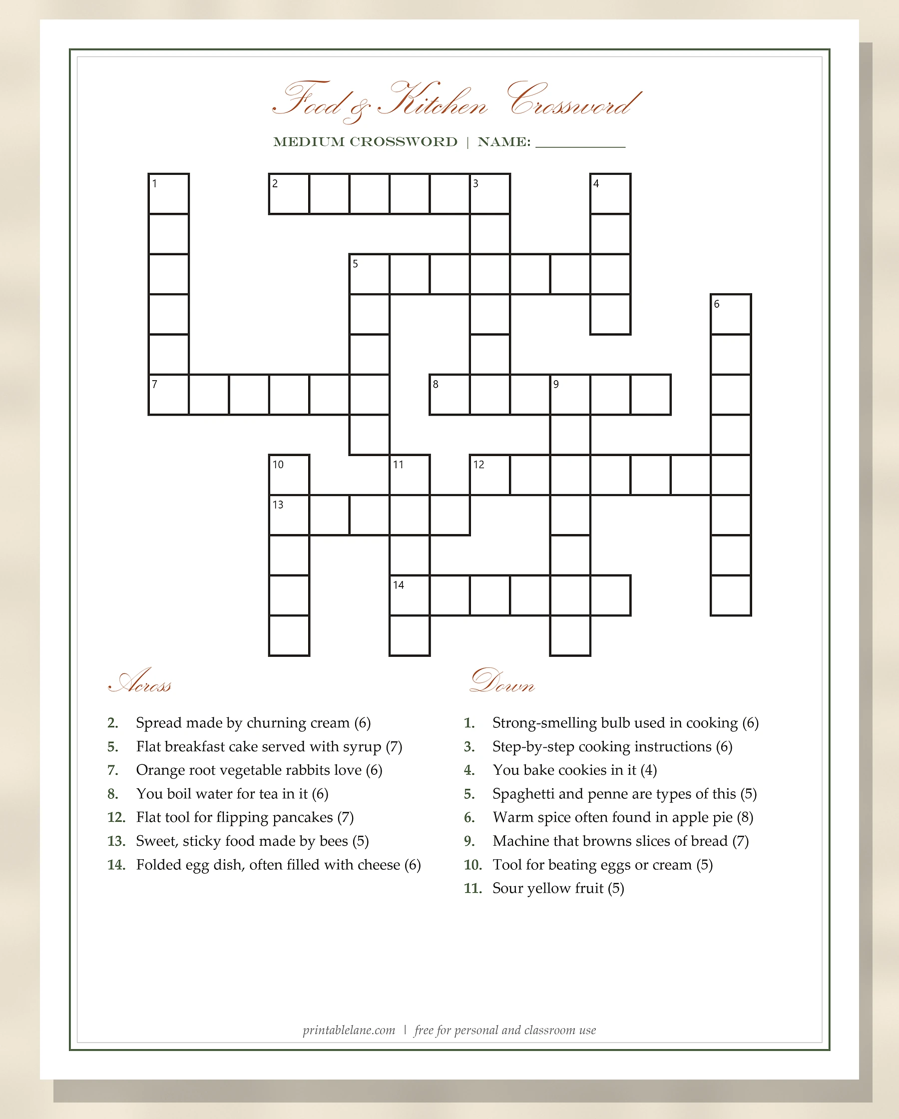 Medium food and kitchen crossword puzzle printable