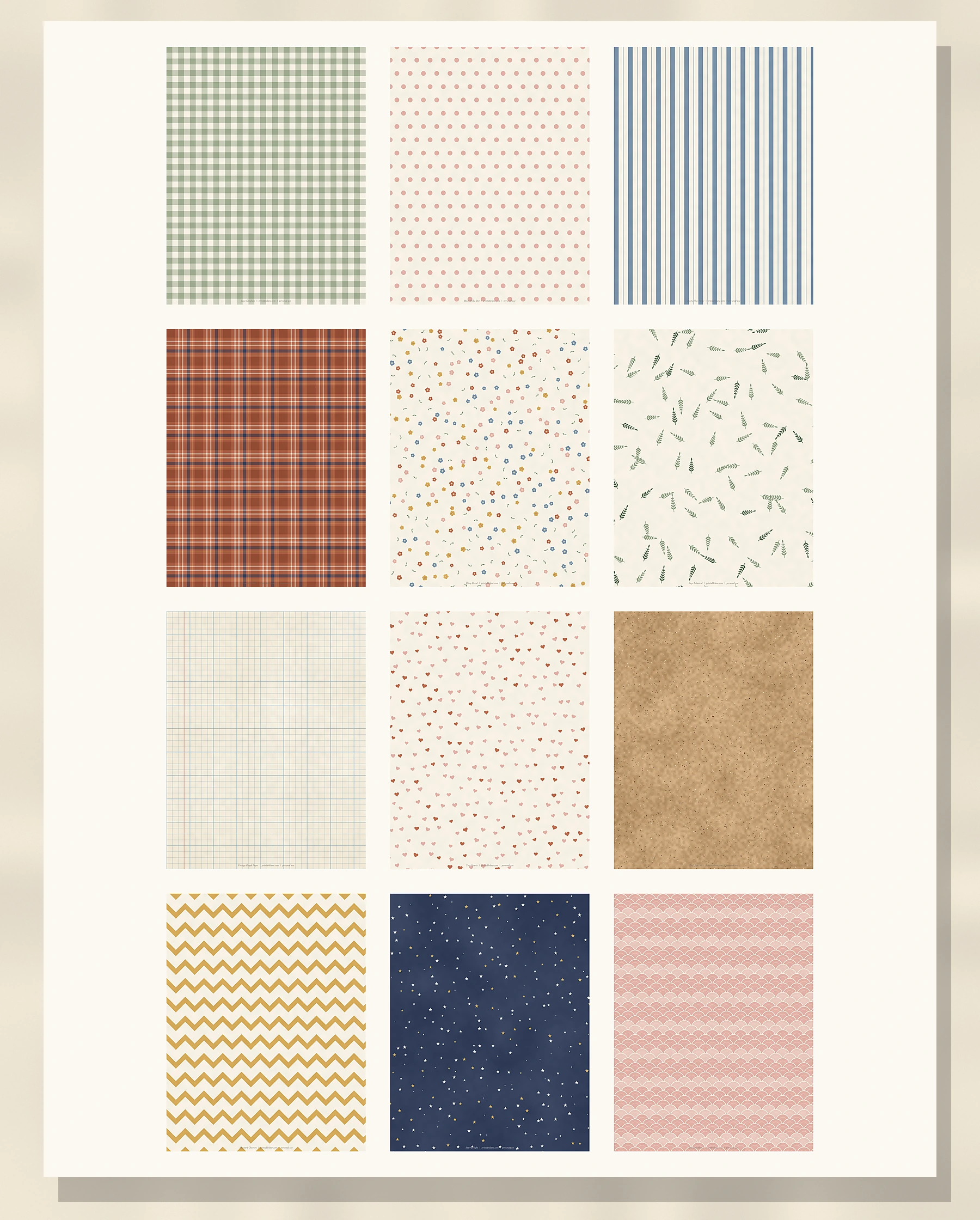 All 12 free printable scrapbook paper patterns in one grid
