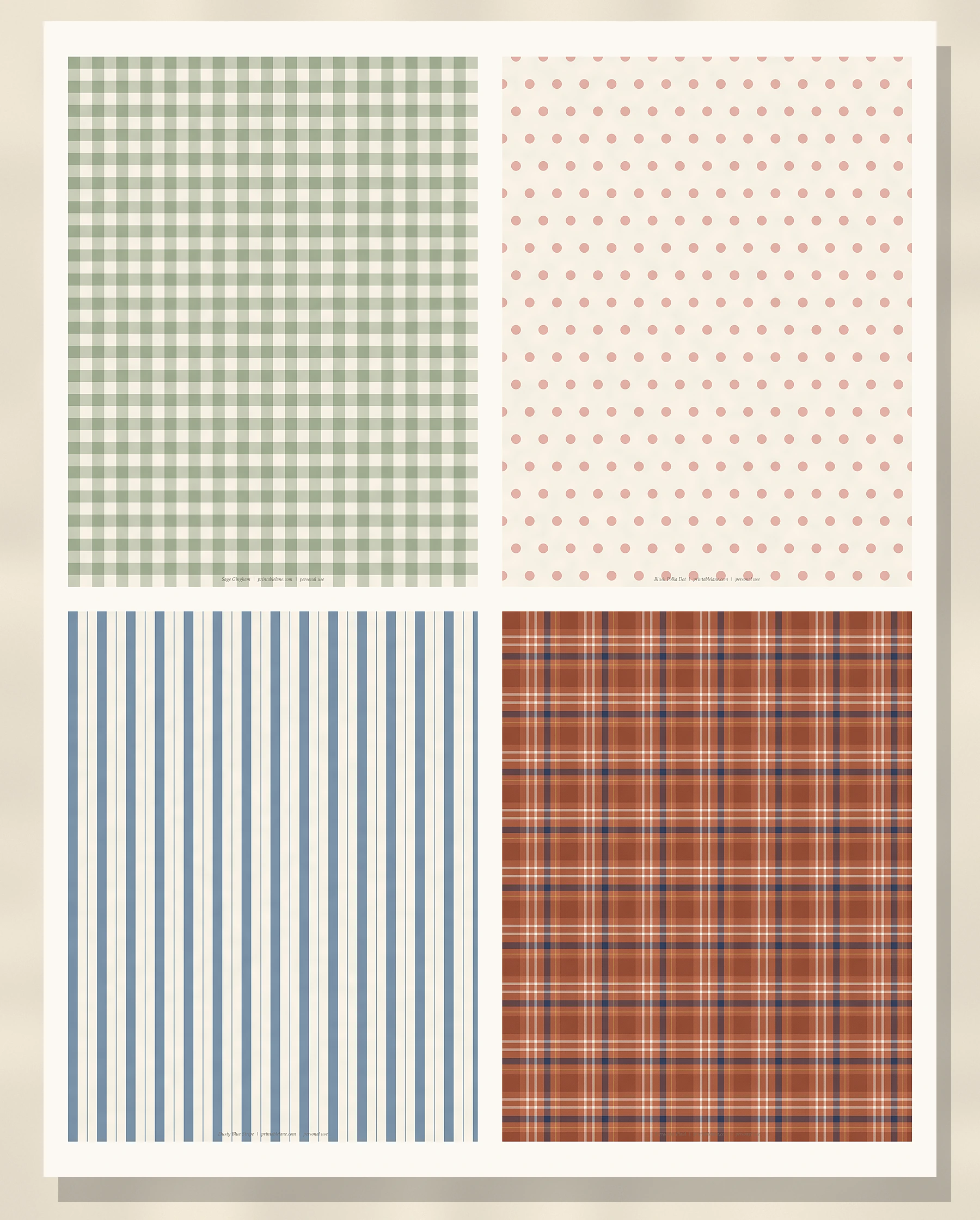 Sage gingham, blush polka dot, dusty blue stripe and terracotta plaid scrapbook paper