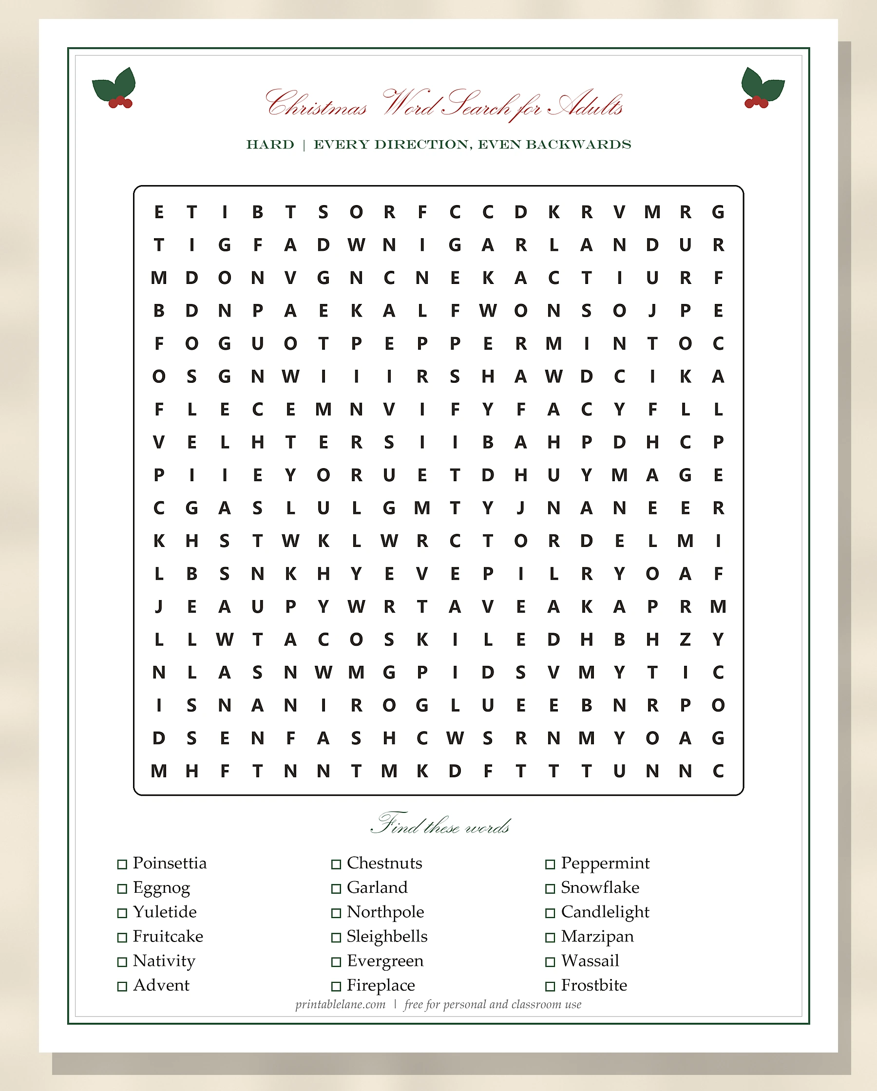 Hard printable Christmas word search for adults