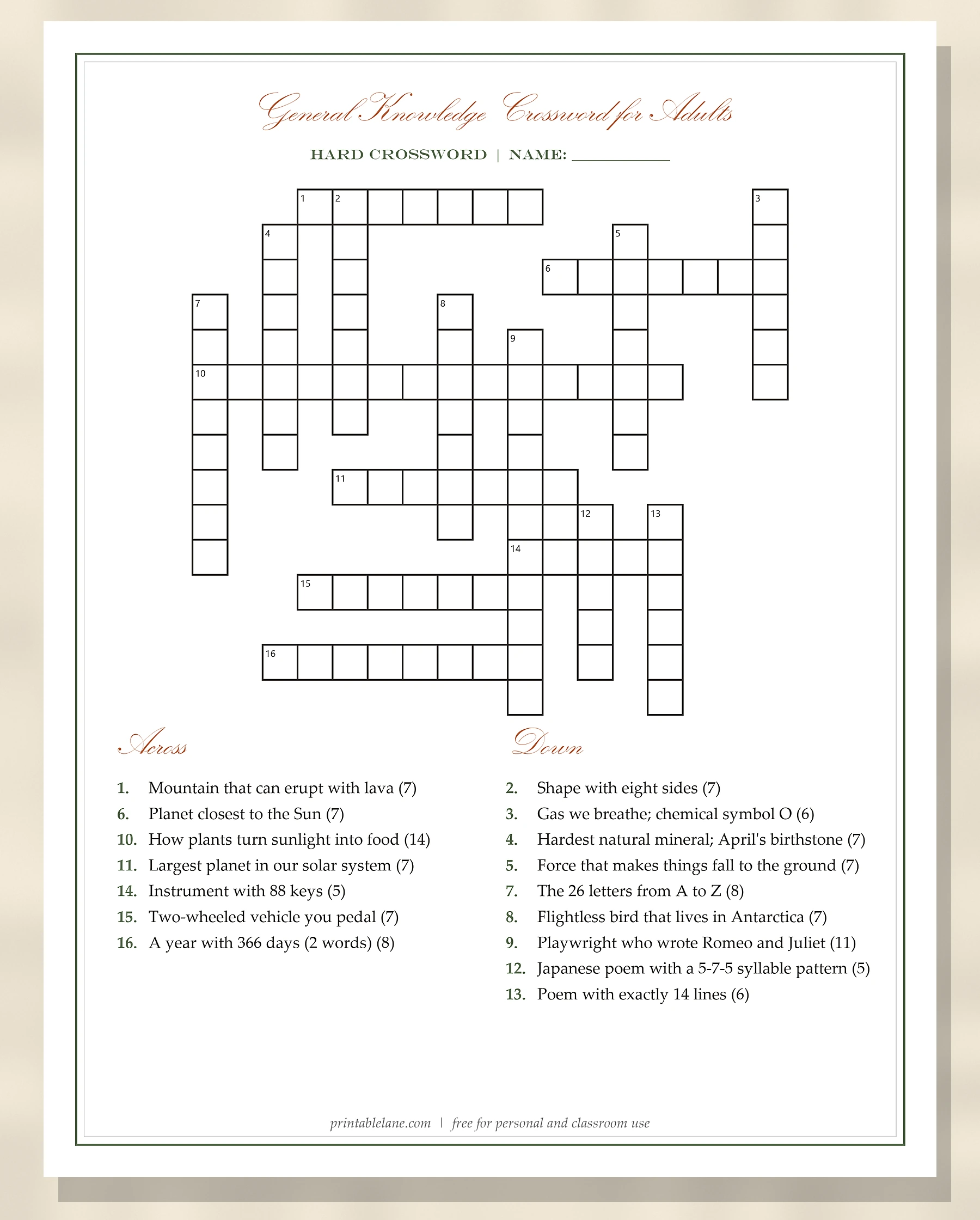 Hard general knowledge crossword puzzle for adults