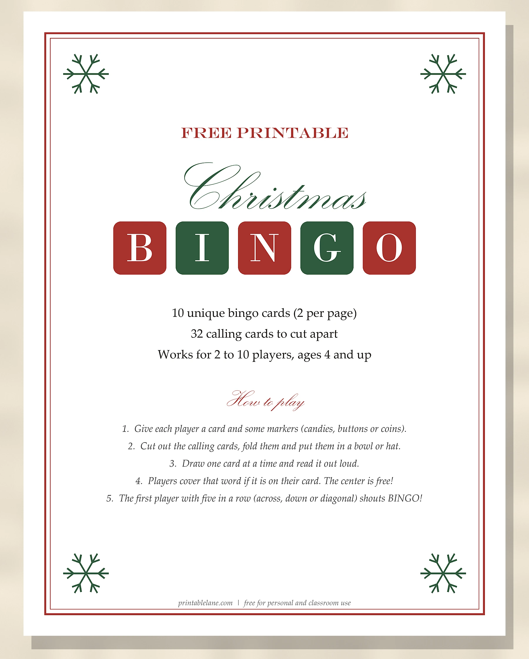 Christmas bingo rules on the cover page