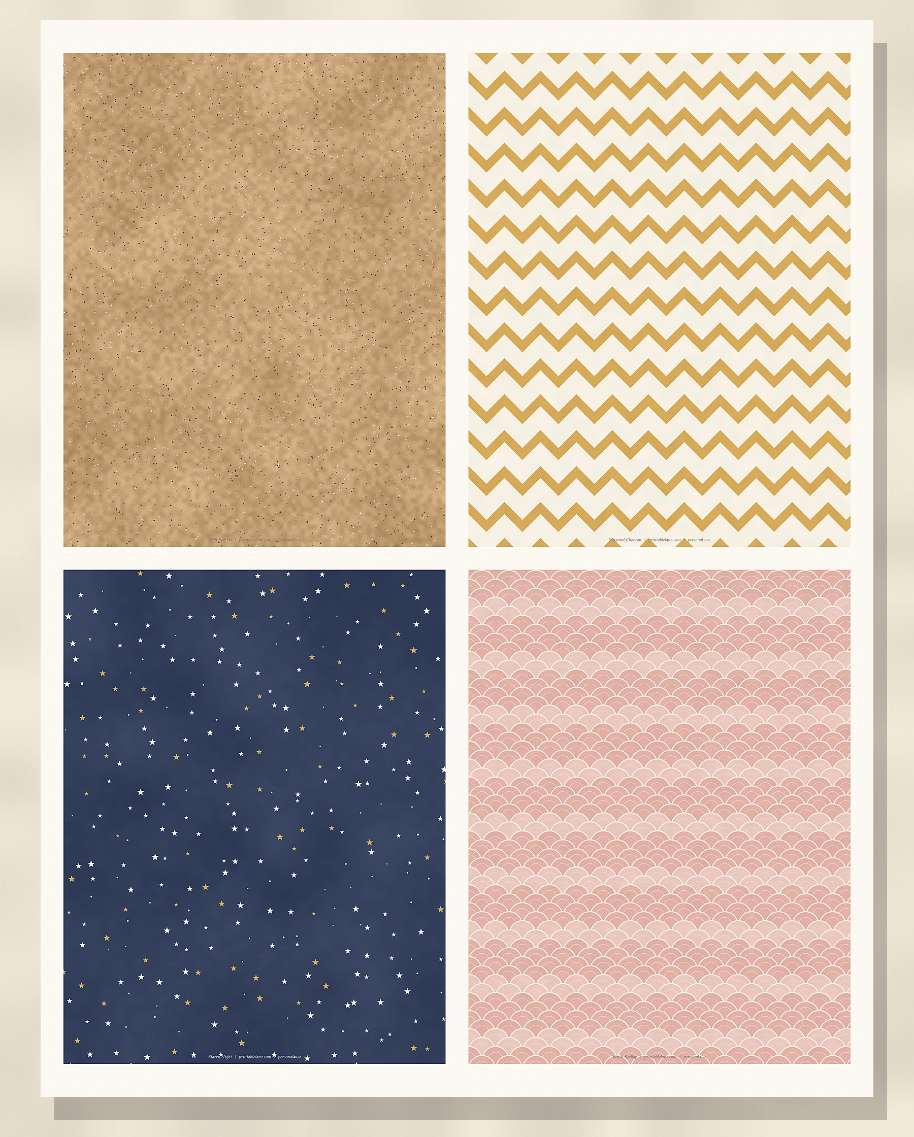 Kraft speckle, mustard chevron, starry night and blush scallop scrapbook paper