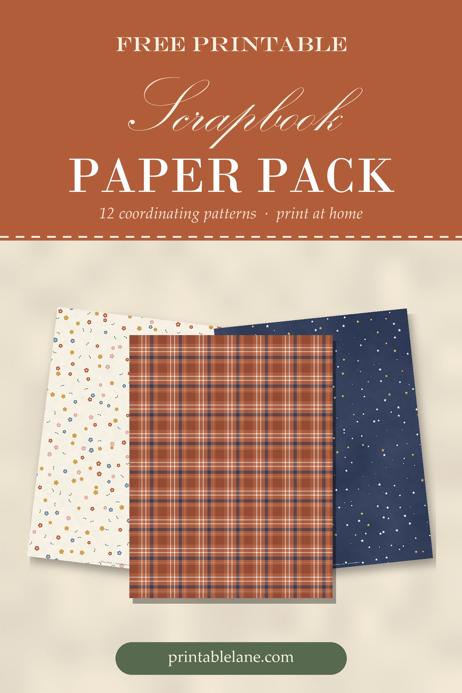 Pinterest image: free printable scrapbook paper pack with 12 coordinating patterns
