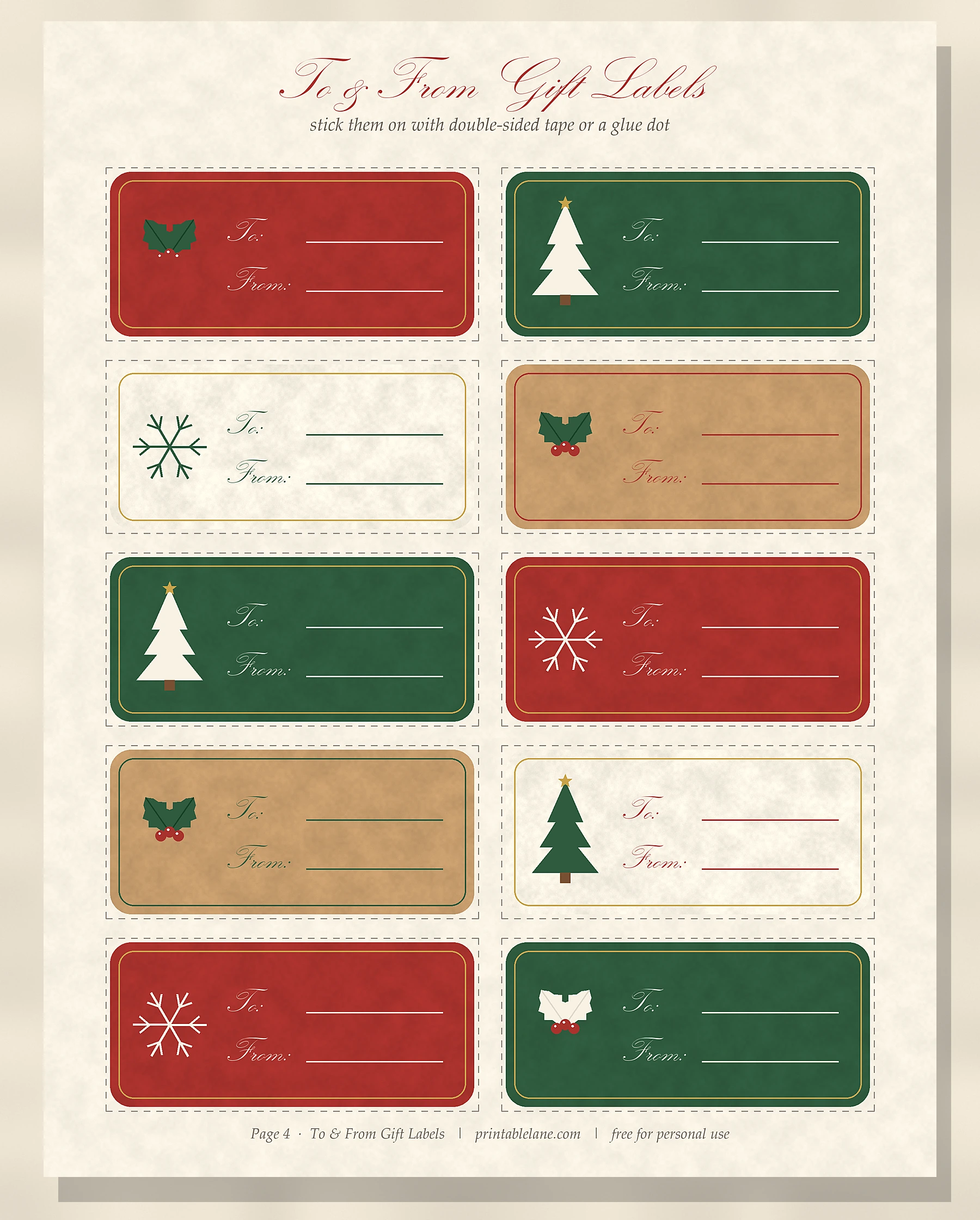 Ten printable to and from Christmas gift labels