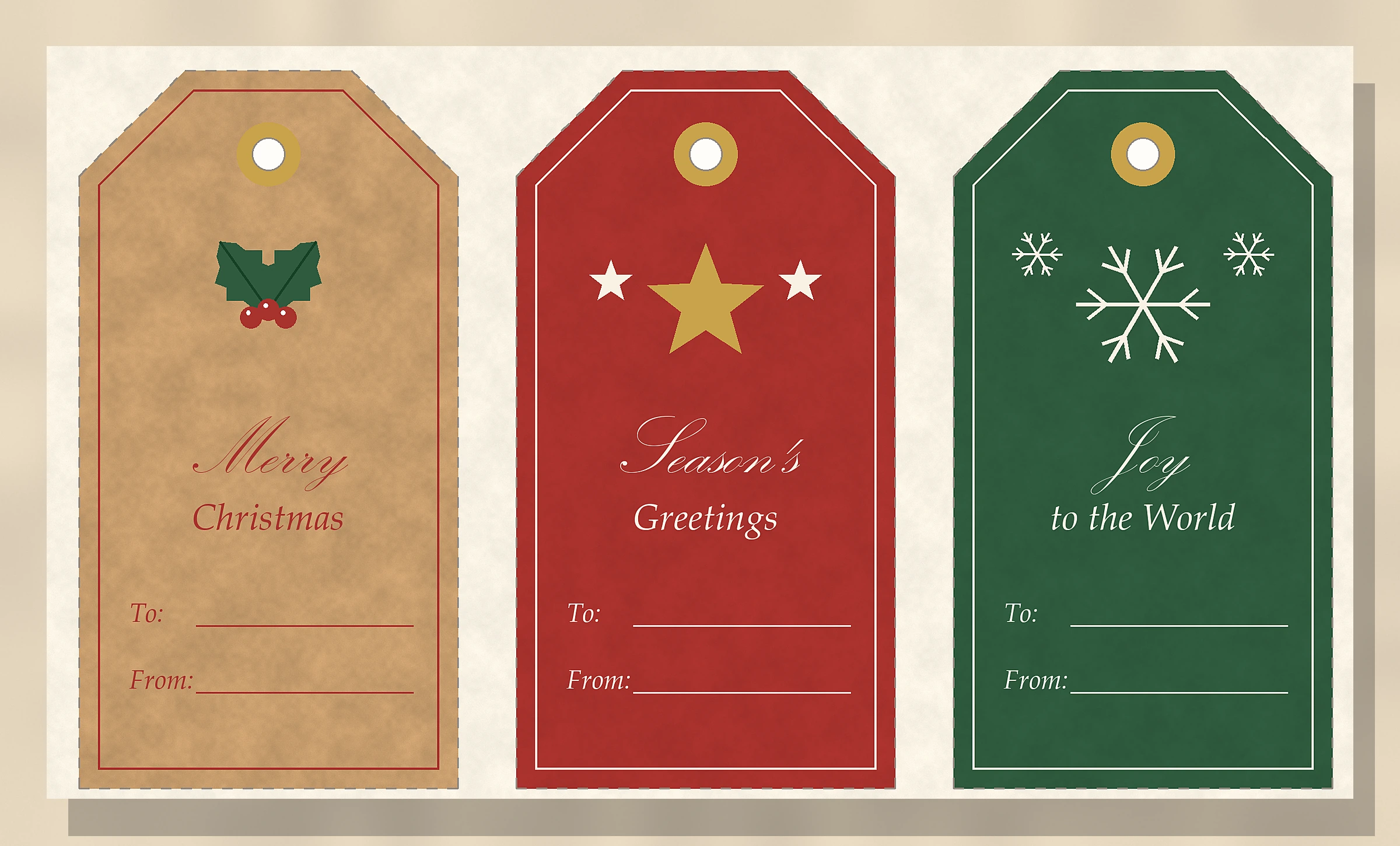 Close-up of printable vintage Christmas gift tags with holly, star and snowflake