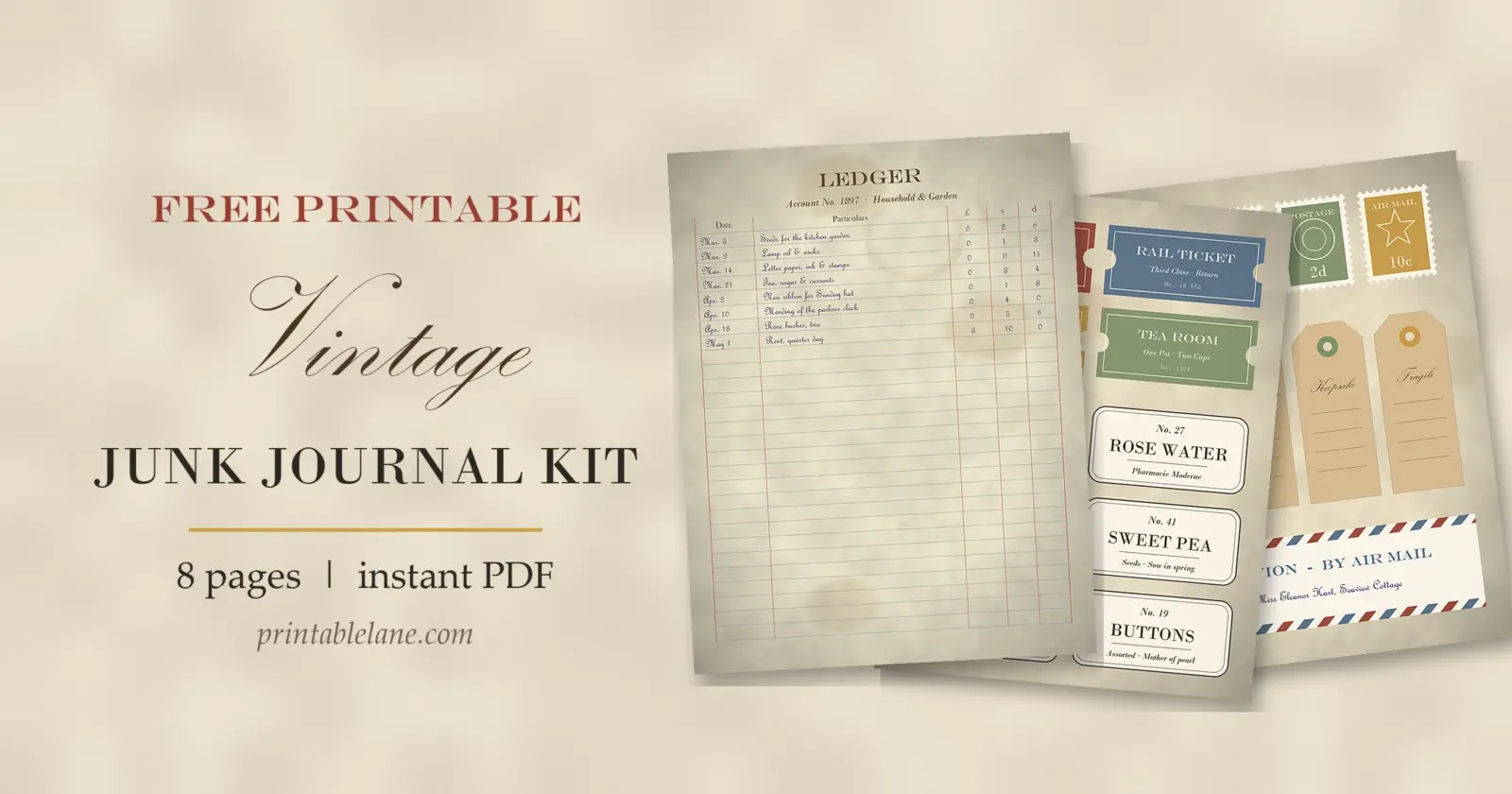 Free printable vintage junk journal kit with ledger, letter, tickets, stamps and tags