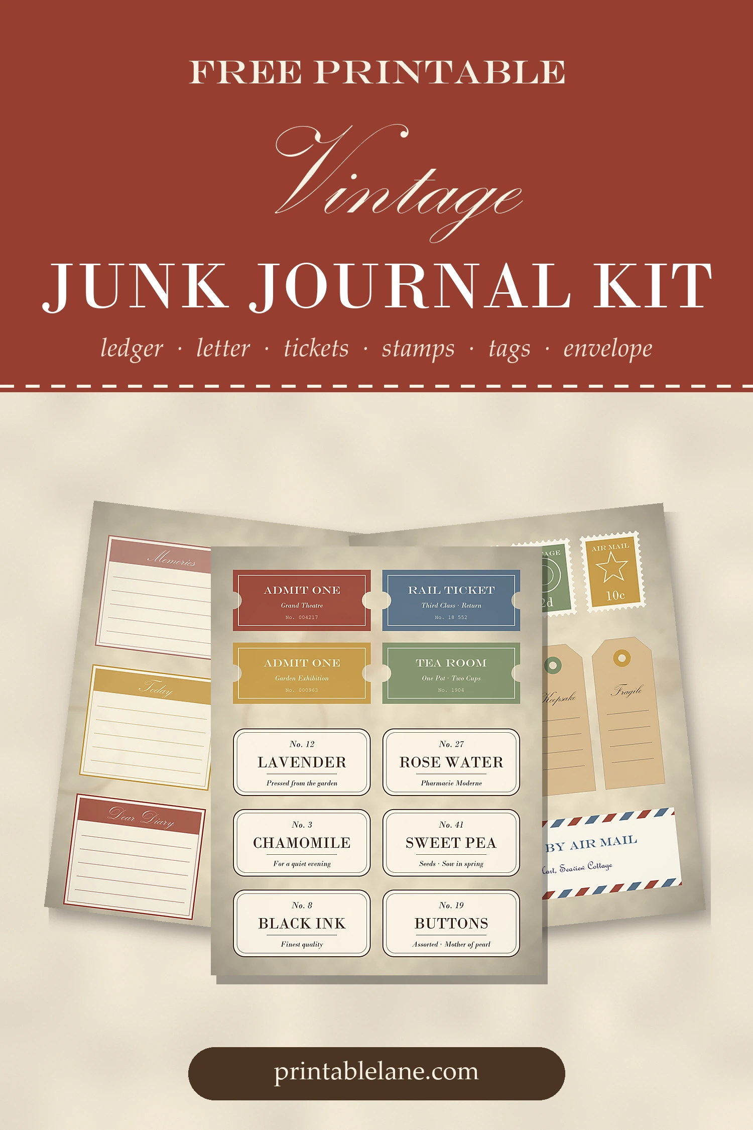 Pinterest image: free vintage junk journal kit