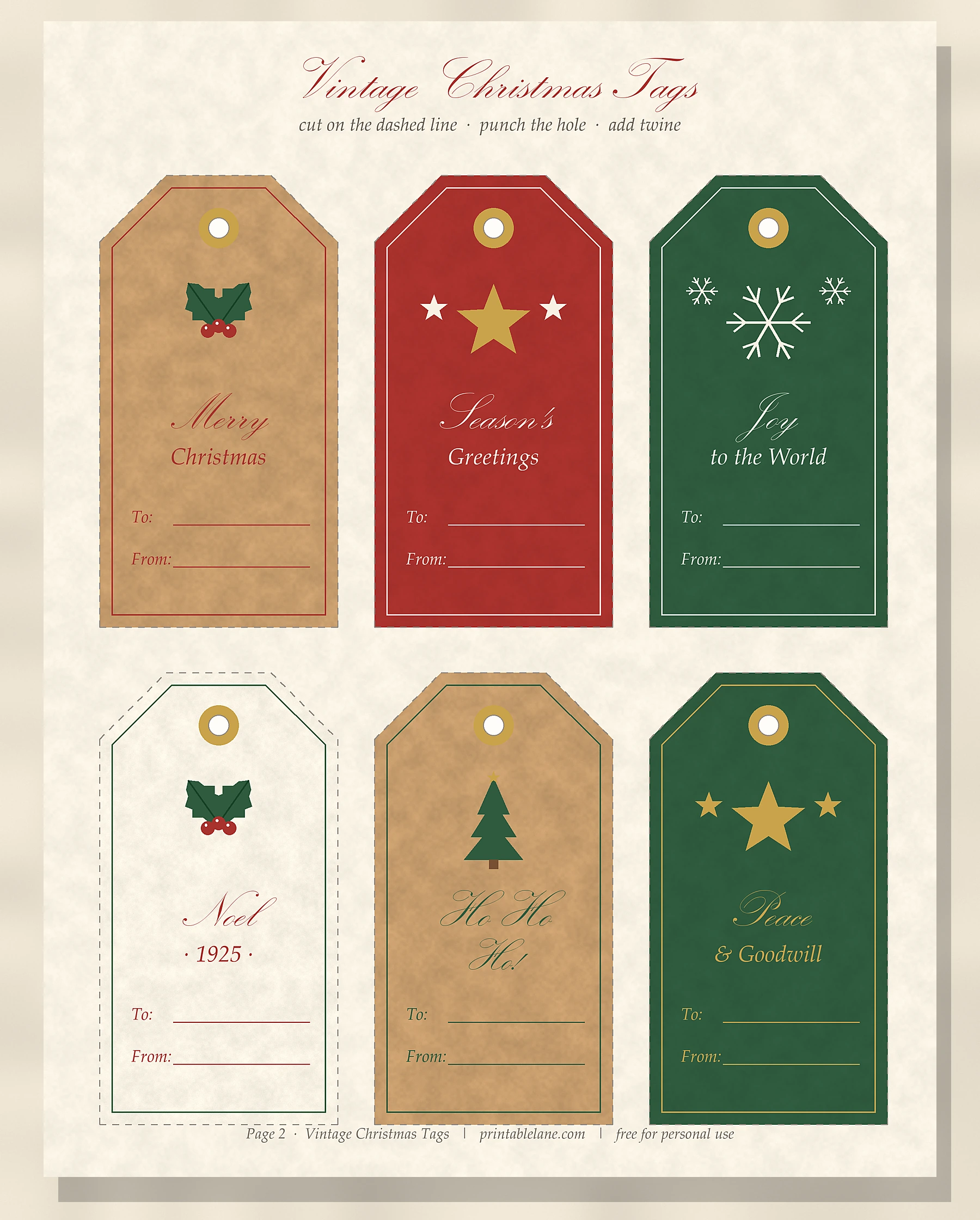 Printable vintage Christmas tags in kraft, red, green and cream