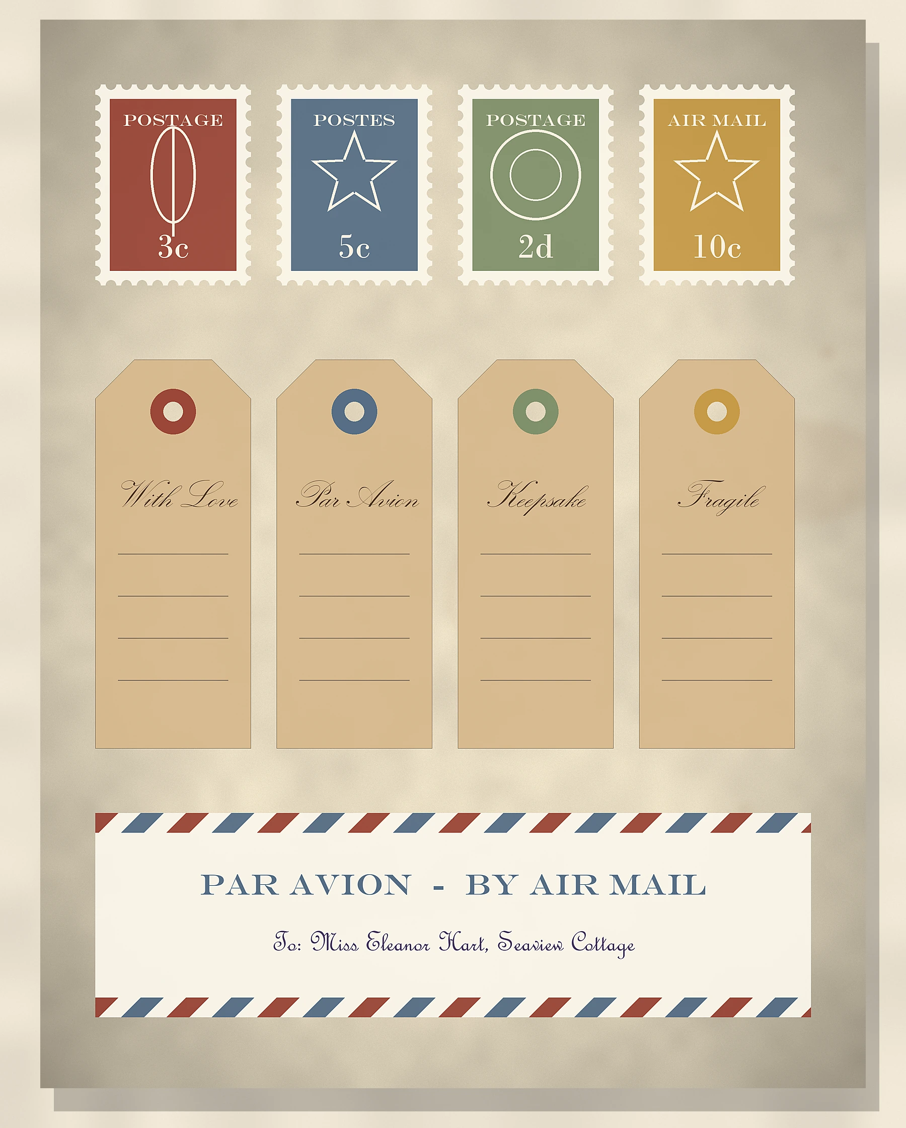 Printable vintage postage stamps, shipping tags and airmail card